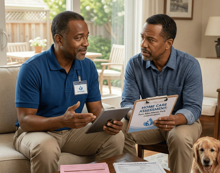 A senior man asking questions to a home care agency professional in his living room.