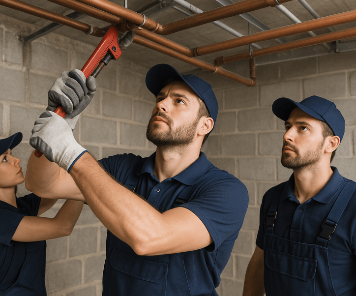 Team of New Westminster plumbers maintaining pipes in a commercial building.
