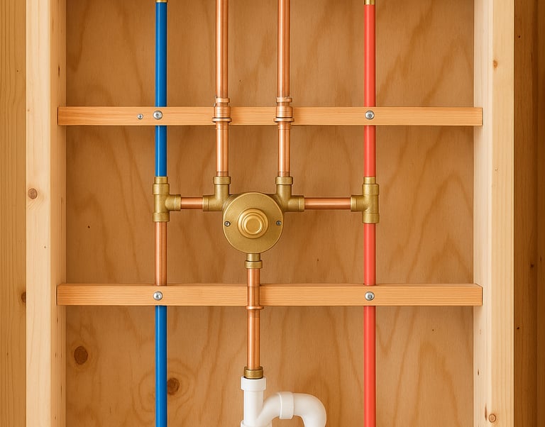 A photo showing clean copper or PEX piping work before drywall goes up.