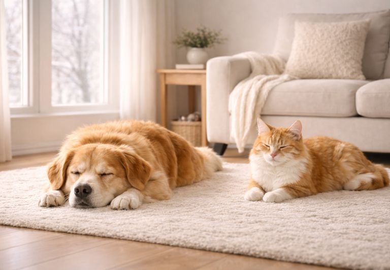 Calm dog and cat resting indoors during winter in Burlington home