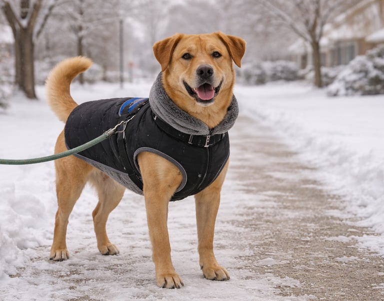 Dog wearing a winter coat before a cold weather walk.