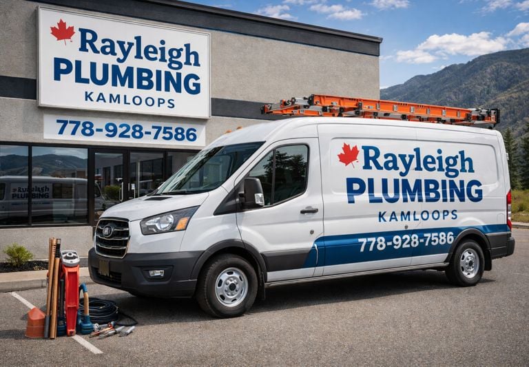 Professional Rayleigh Plumbing van in Kamloops with clear branding and contact number.