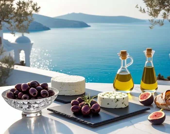 Gedeckter Tisch mit griechischer Feinkost und Olivenöl, Meer im Hintergrund – mediterraner Genuss