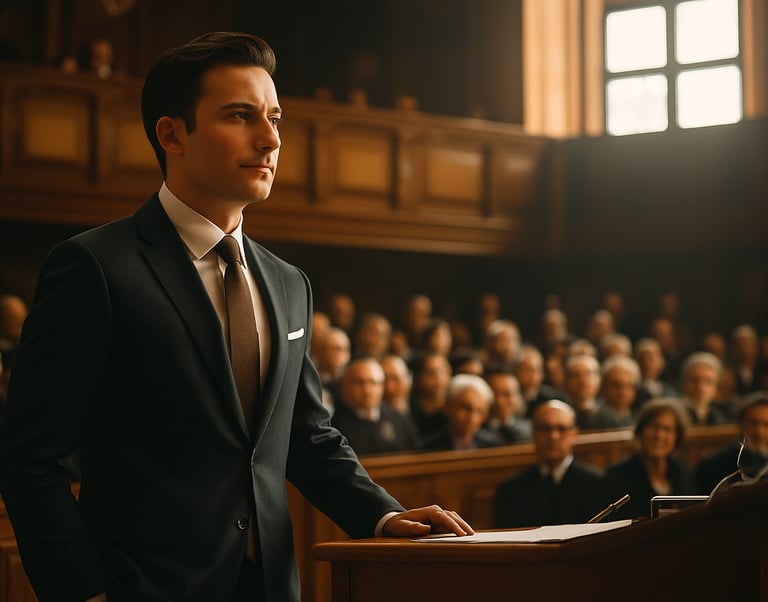 a man in a suit and tie standing in front of a podium
