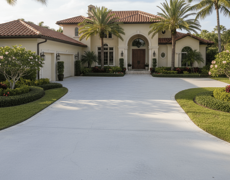 a house with wide concrete driveway
