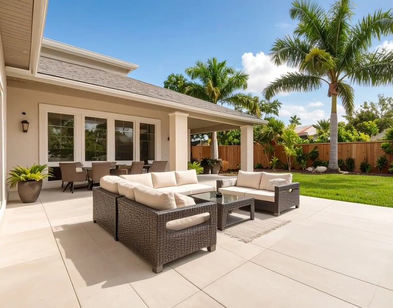 a concrete patio with couch, tables and green landscape