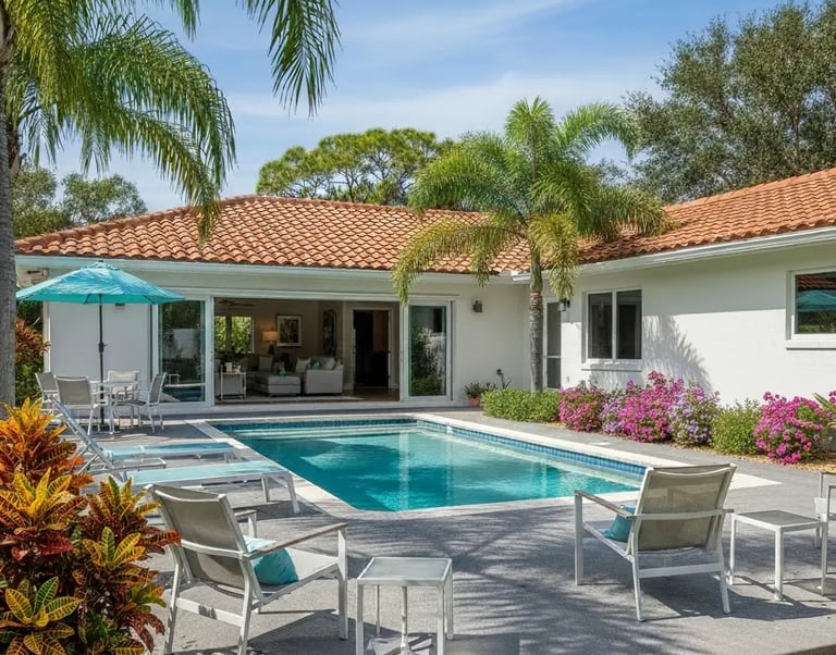 a residential pool with a concrete deck, outdoor chairs and blue umberella