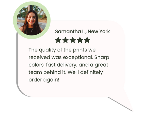 Happy female customer reviewing high-quality printed materials from Peruimpress