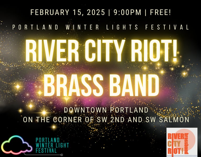 a river city riot brass band on the riverfront portland winter light festival Free performance