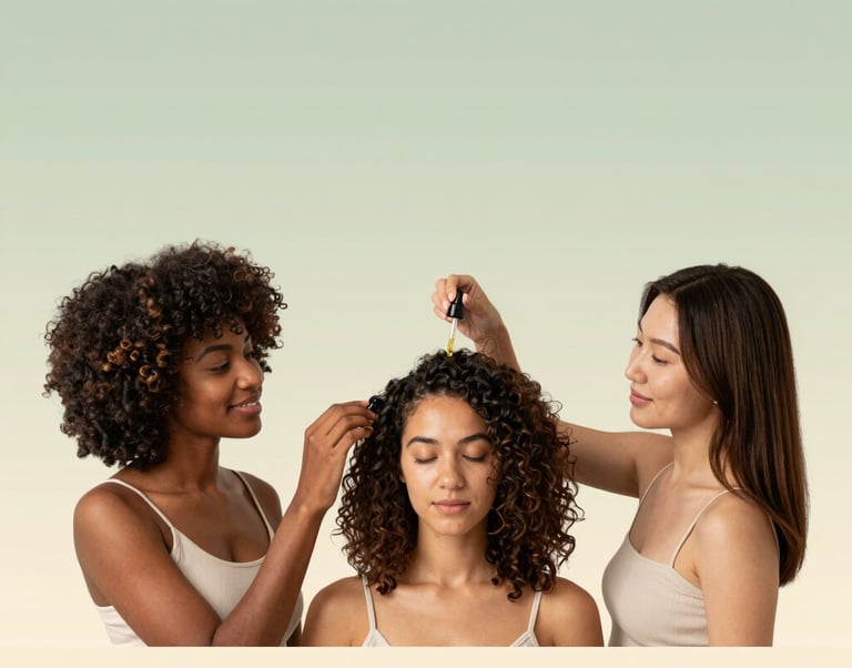 Create a calm, premium section for a natural hair care brand. Use a soft vertical gradient backgroun