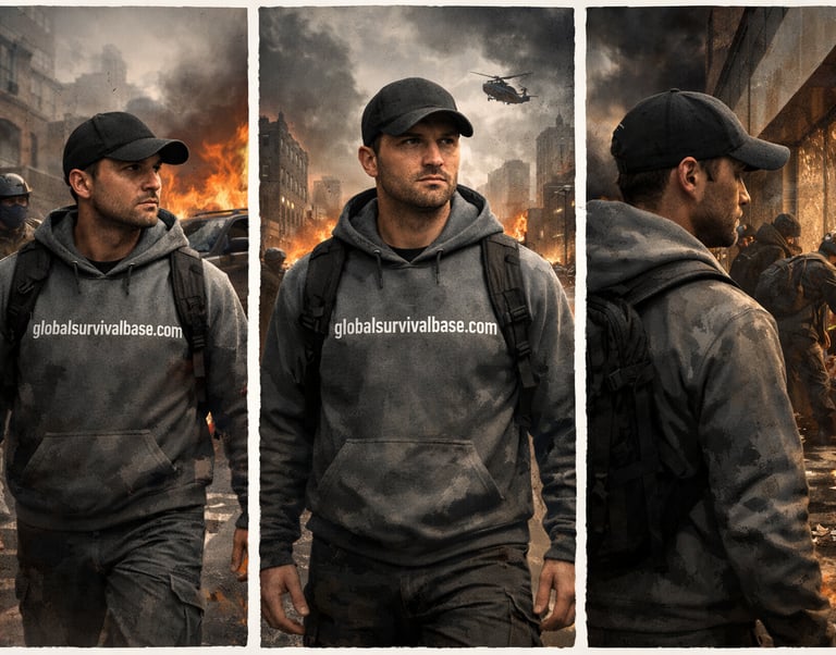 A survivalist in a grey hoodie walks through a burning city with a helicopter flying overhead.