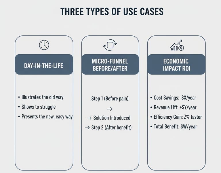 A visual representation of the three use case types used to strengthen Problem and Solution slides i