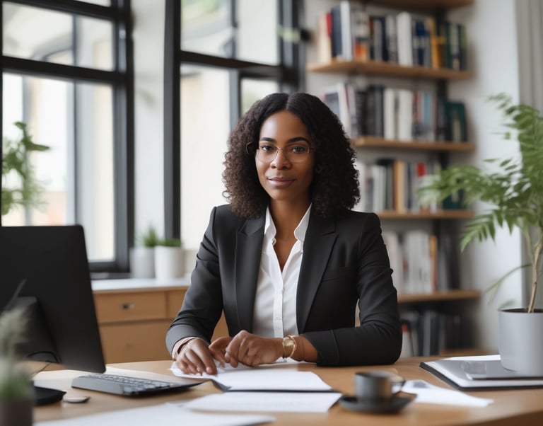 A calm workspace with warm cream tones and metallic gold accents, featuring a sleek laptop open to a simple email capture form.