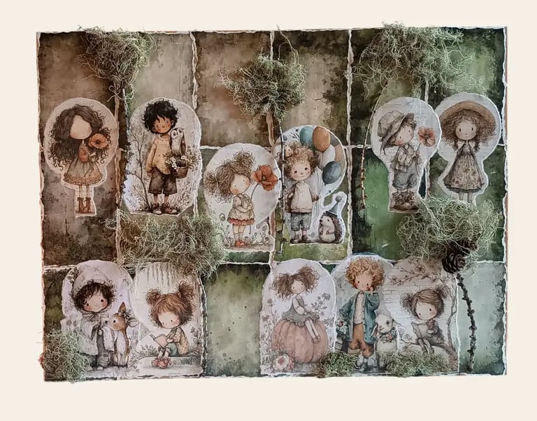 Regalo fine anno maestra, quadro materico bosco con collage di bambini, animali e muschio vero in rilievo. - Guance Rosse