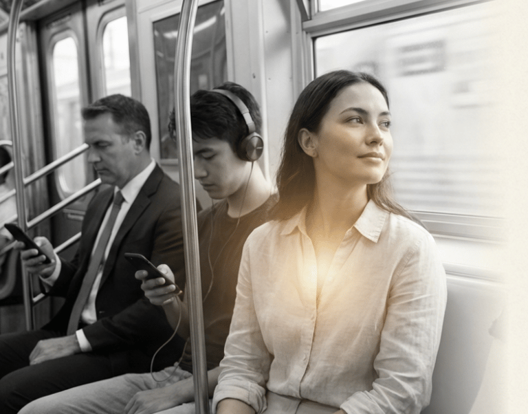 Woman meditating on train demonstrating mindfulness spiritual awakening daily meditation