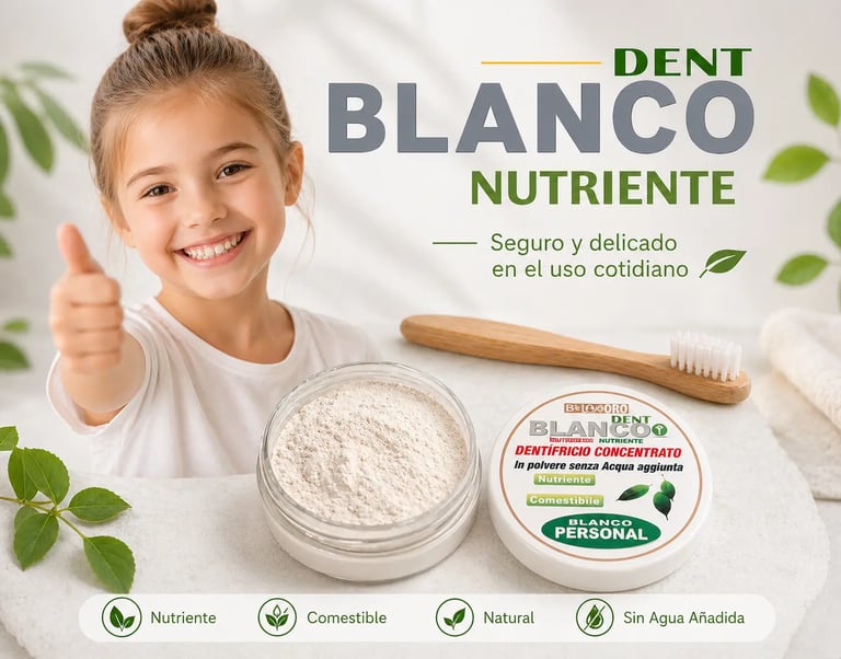 Smiling girl giving thumbs up next to Dent Blanco Nutriente natural tooth powder and a wooden toothbrush.