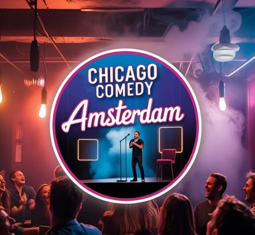 Live stand-up show at Chicago Comedy Amsterdam featuring a comedian on stage before a laughing audience.