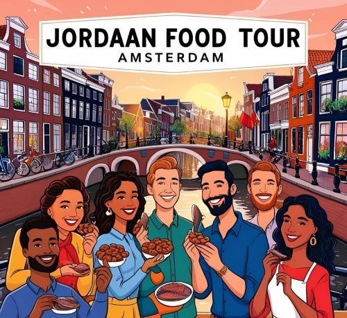 Diverse group enjoying a Jordaan food tour by an Amsterdam canal at sunset.