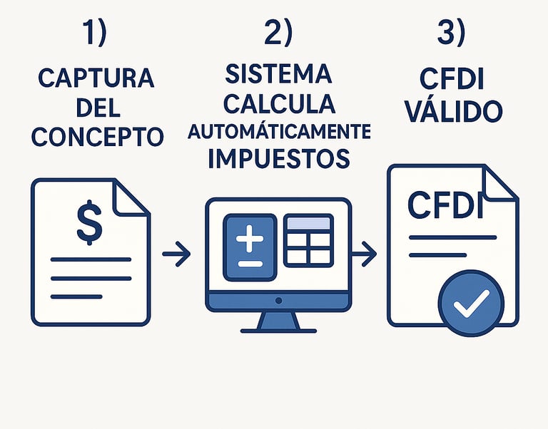 Infografía con 3 pasos: 1) Captura de concepto 2) Sistema calcula automáticamente impuestos 3) CFDI 