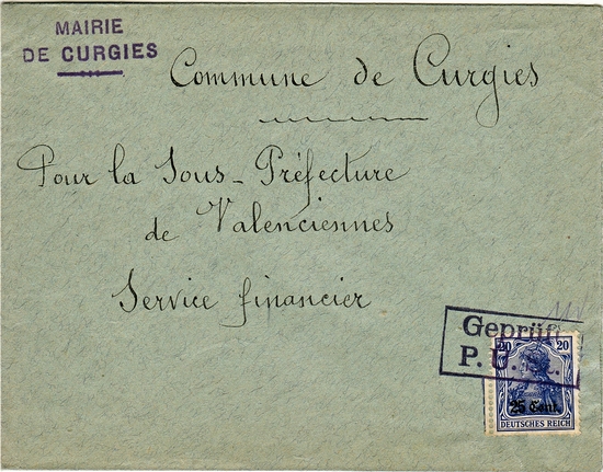 "Geprüft P.Ü.St" stamp used by Postüberwachungsstelle no. 39.