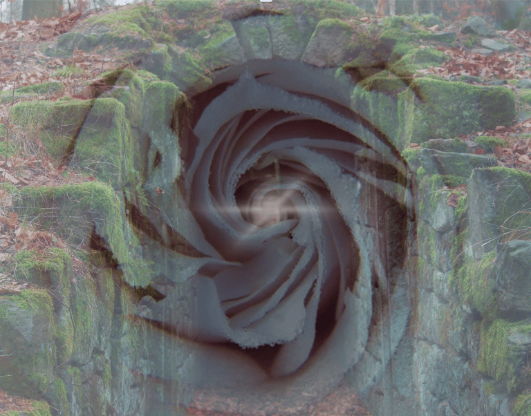 Rose spiral within mossy stone walls, symbolizing descent into mystery and the sacred writing space