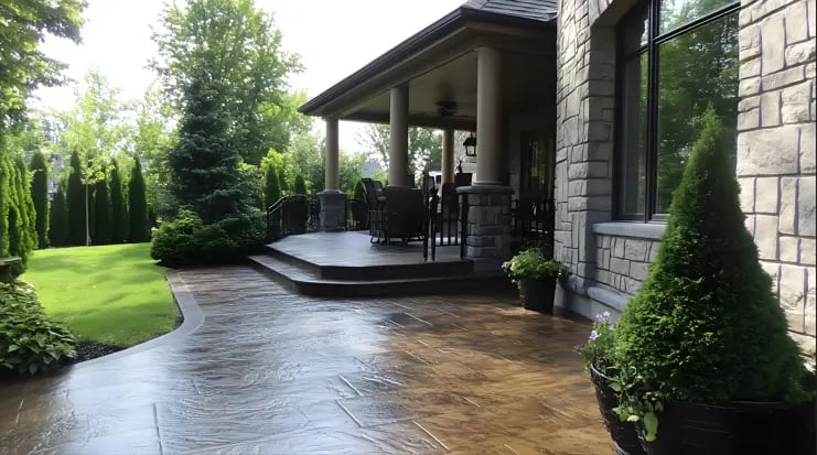 a patio with stamped concrete finishing