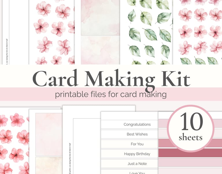 Printable sheets with flowers, leaves, stripes. Text overlay: Printable Card Making Kit Free