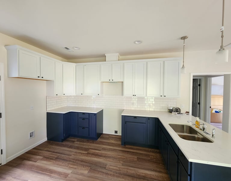 blue and white cabinets  