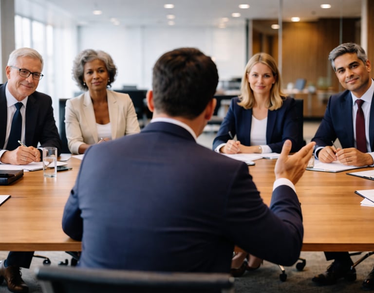 Senior candidate presenting to executive interview panel