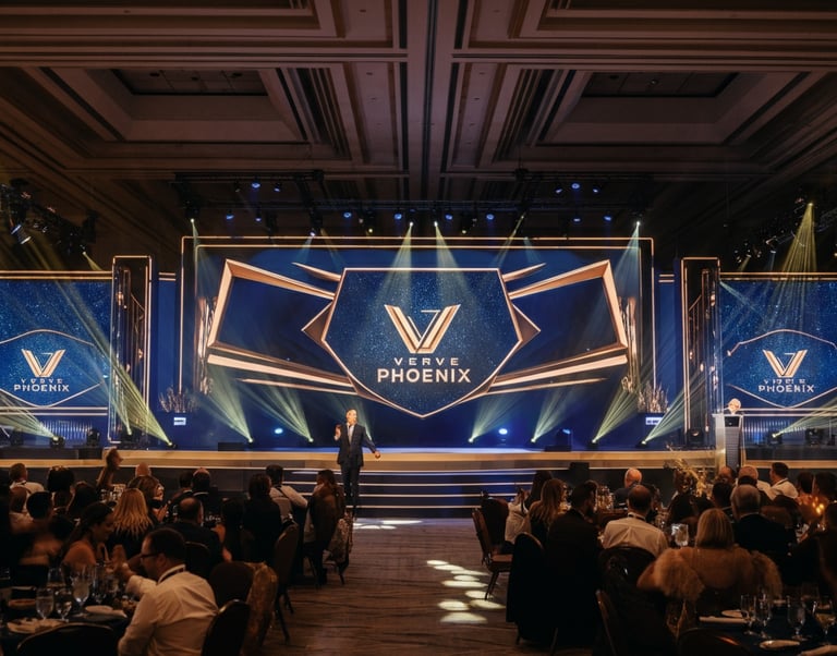 Verve Phoenix-managed corporate event with a vibrant stage setup, glowing screens, and audience engagement.