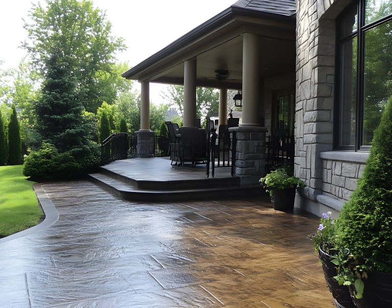 a patio with stamped concrete finishing