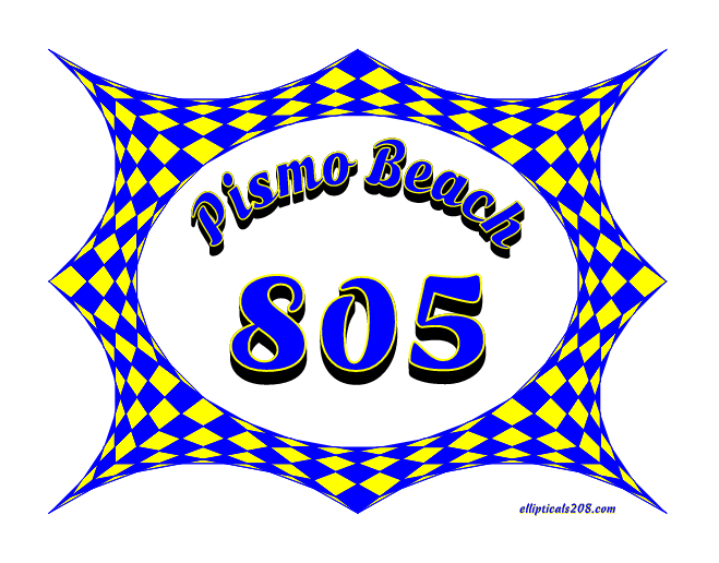 Pismo Beach 805 logo with blue and yellow checkered pattern border on a white background.