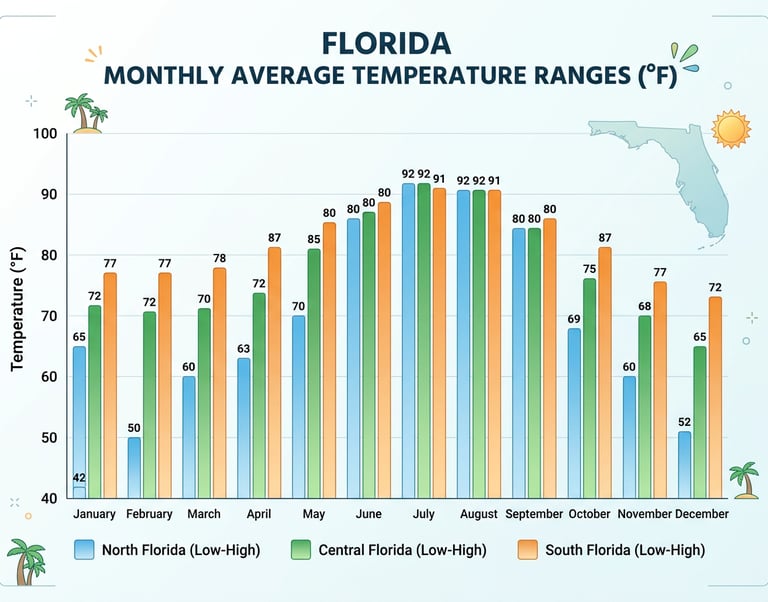 Florida monthly temperature chart by regions