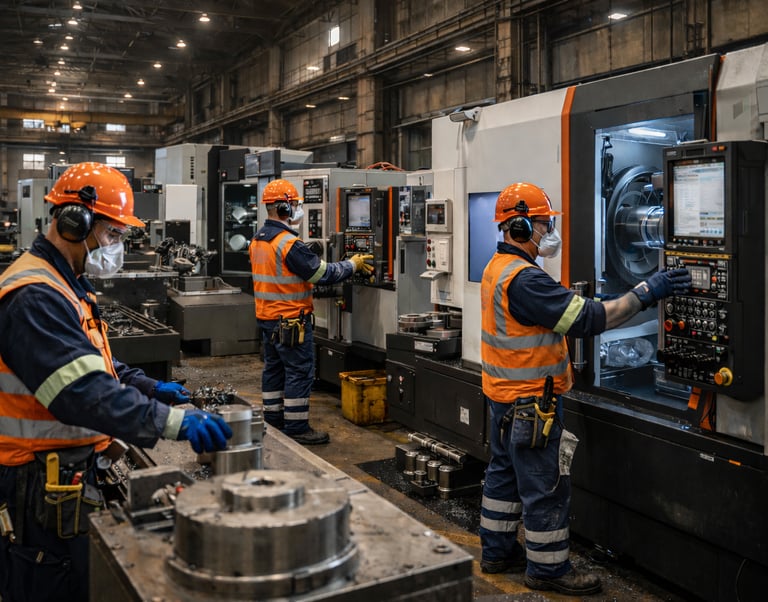 Lavoratori metalmeccanici con dispositivi di protezione individuale in officina industriale per medi