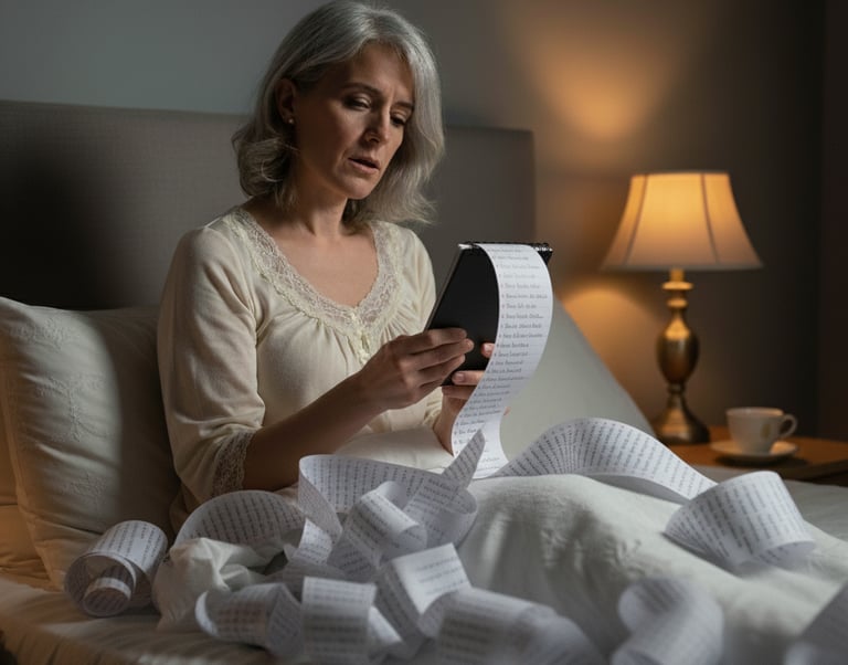 A business woman in bed, holding a never-ending to-do list.