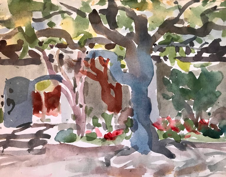 water color painting of a tree and residence in Carmel California