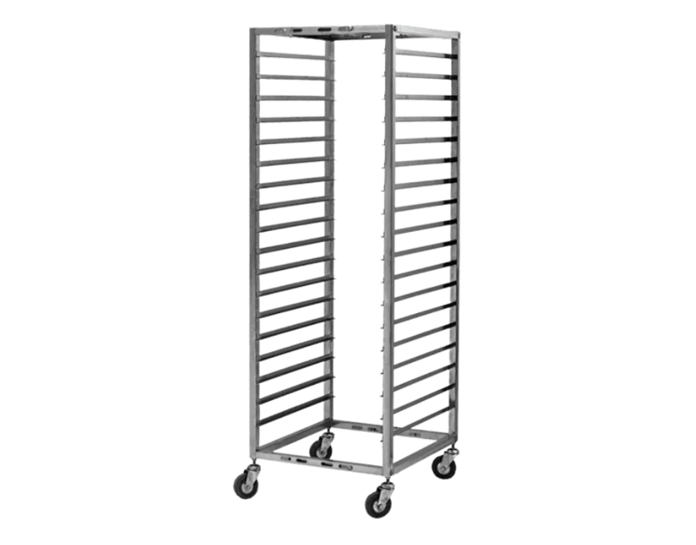 Heavy duty stainless steel mobile tray rack with locking wheels for commercial kitchens.