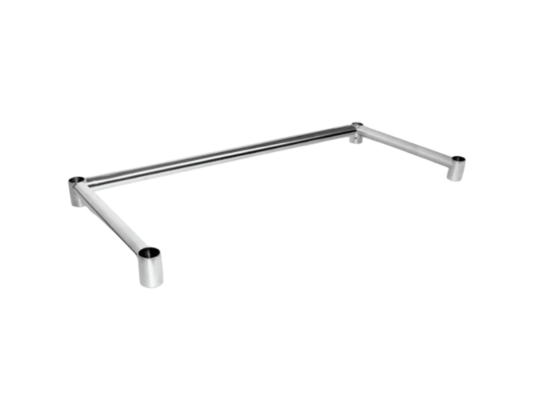 Reinforced heavy duty stainless steel U-shape leg brace for stabilizing kitchen work tables and equipment stands.