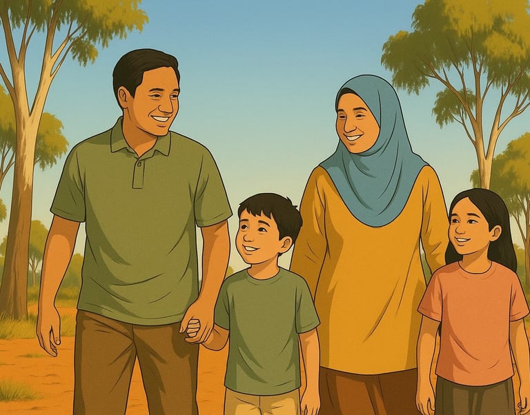 Malay family walking on a sunny Robinvale track, relaxed smiles, gum trees and red soil in bright morning light.