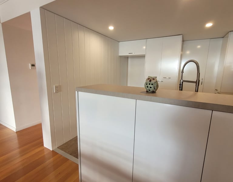 Modern white kitchen interior featuring a minimalist island, white cabinetry, and a decorative owl figurine.