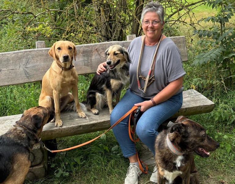 Hundetrainerin Marion Lindhof mit 4 Hunden macht Pause auf einer Bank in der Feldmark.