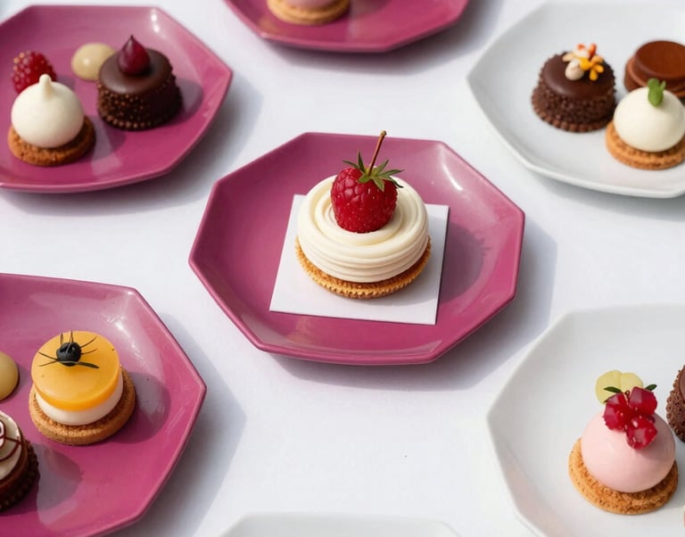 Planta superior de una vibrante mesa de catering corporativo, platos geométricos modernos con postre