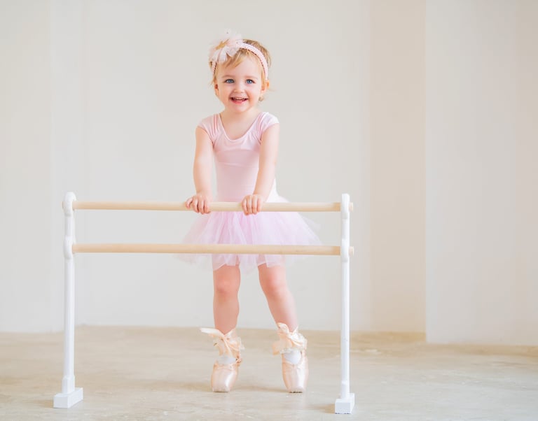 a little girl in a pink dress and ballet shoes, pre ballet