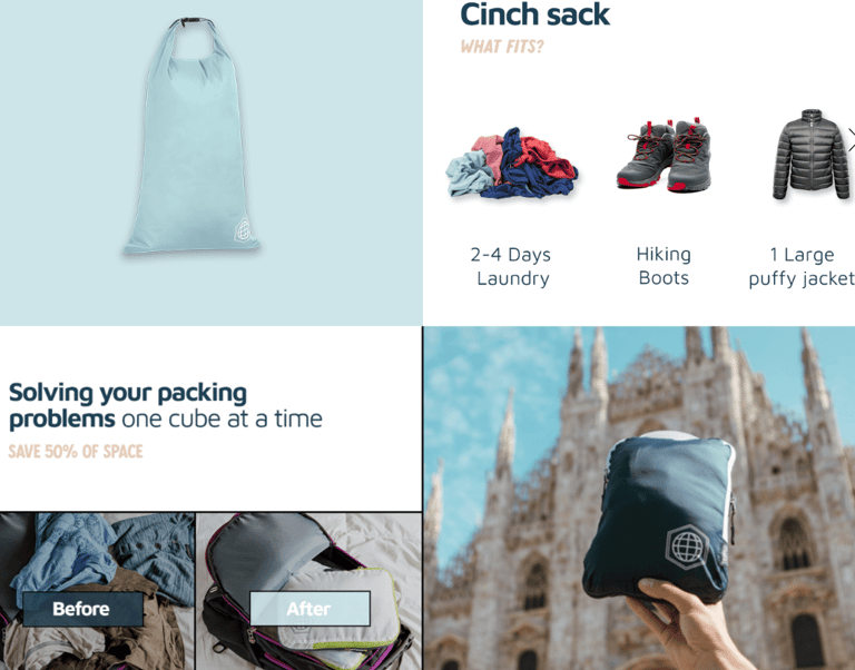 Comparison of a messy suitcase versus an organized suitcase using packing cubes, showcasing the tran