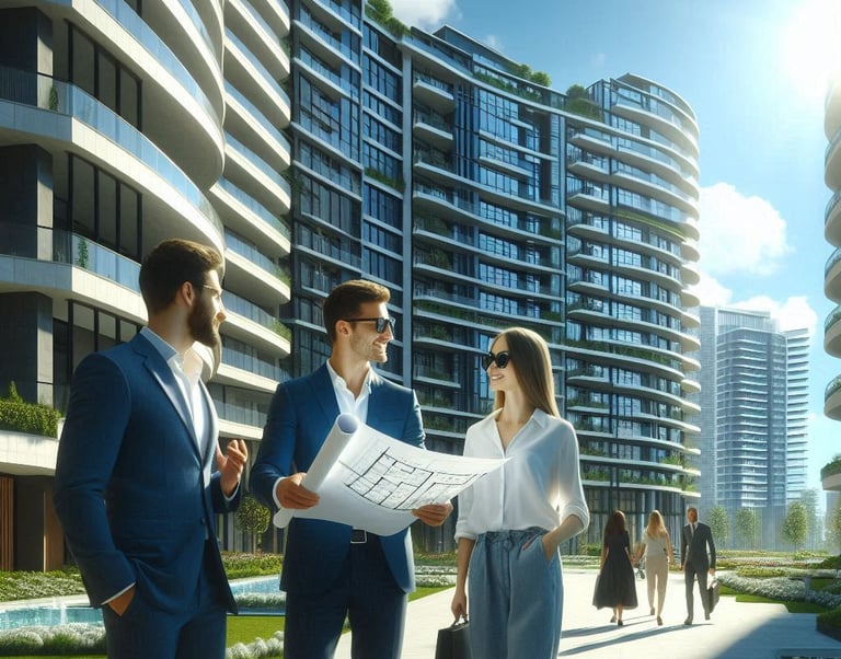 Desarrollador y administración revisando planos en sitio