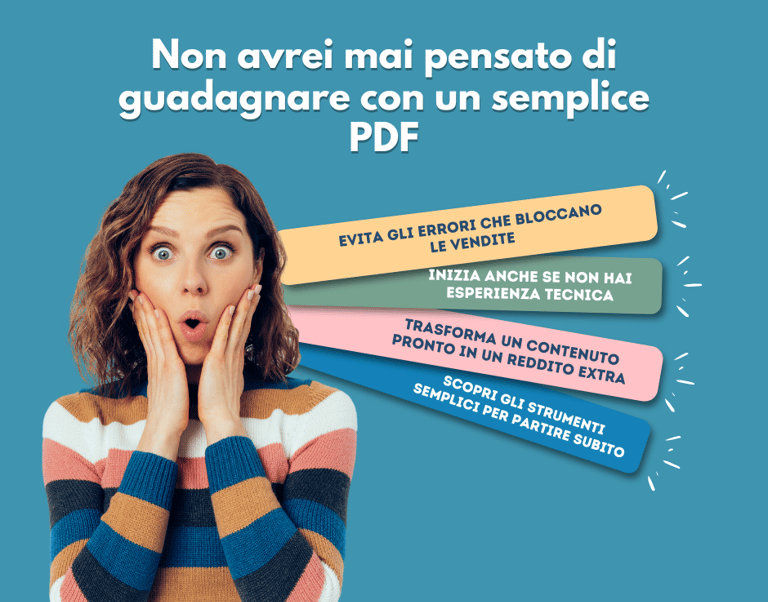 Donna sorpresa che scopre come guadagnare online con un semplice PDF