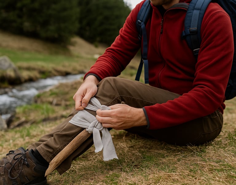 Securing improvised leg splint using gauze wrap for wilderness injury