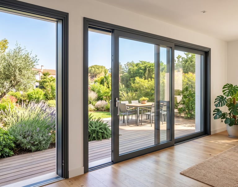Puerta corredera panorámica de aluminio en salón con terraza, Murcia