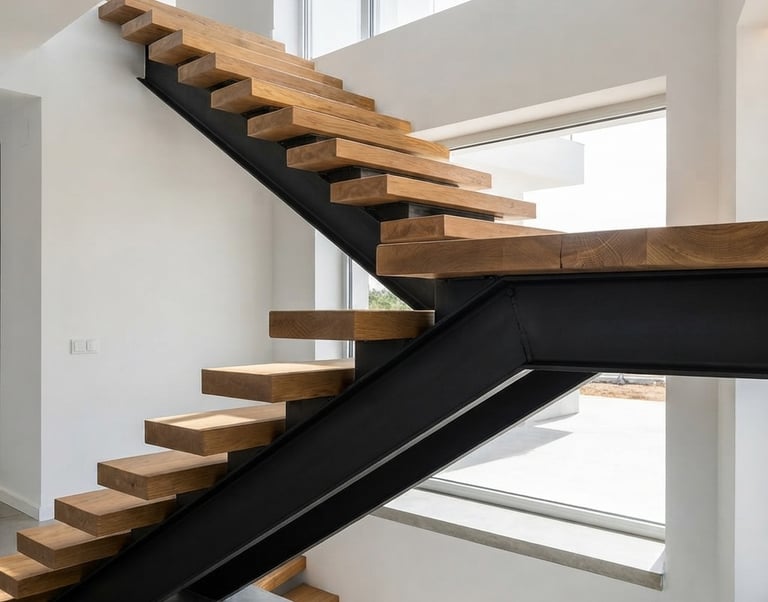 Escalera metálica de zanca central con peldaños de madera, Murcia