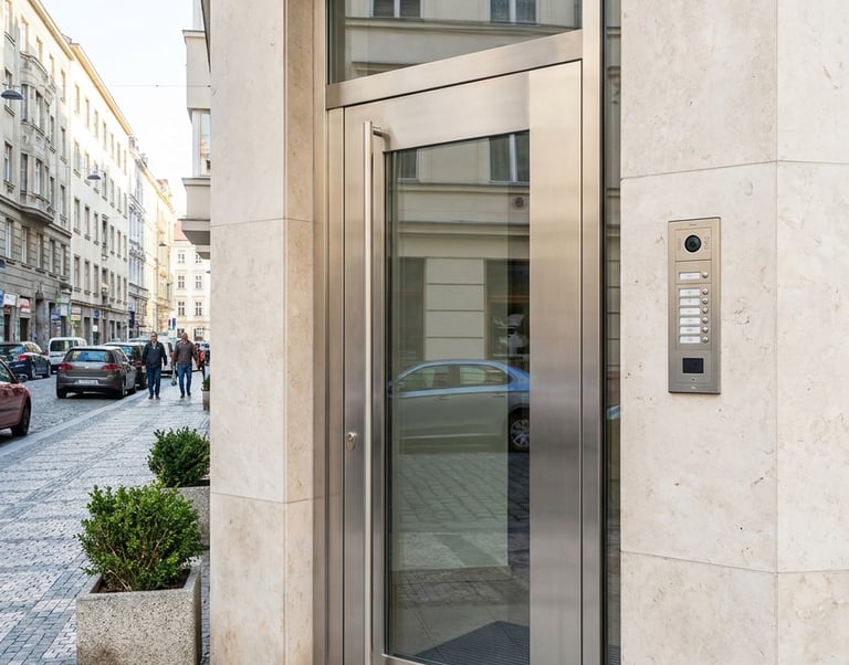 "Puerta de acceso de acero inoxidable para negocio, Murcia